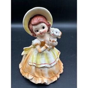 Vintage Girl Ceramic Figurine with Bonnet‎ Bouquet Orange Dress with Ruffle Trim
